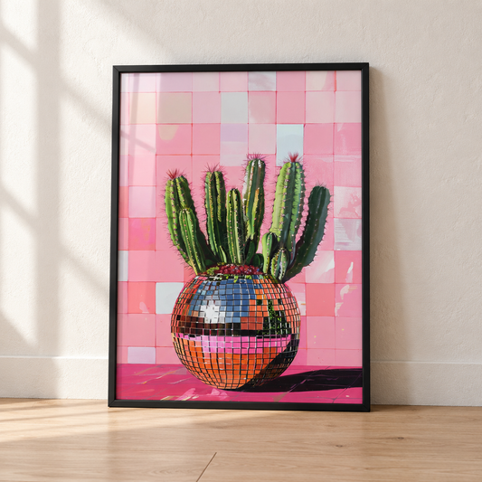 Cactus Disco Ball Vase print in a glossy black frame leaning against a wall