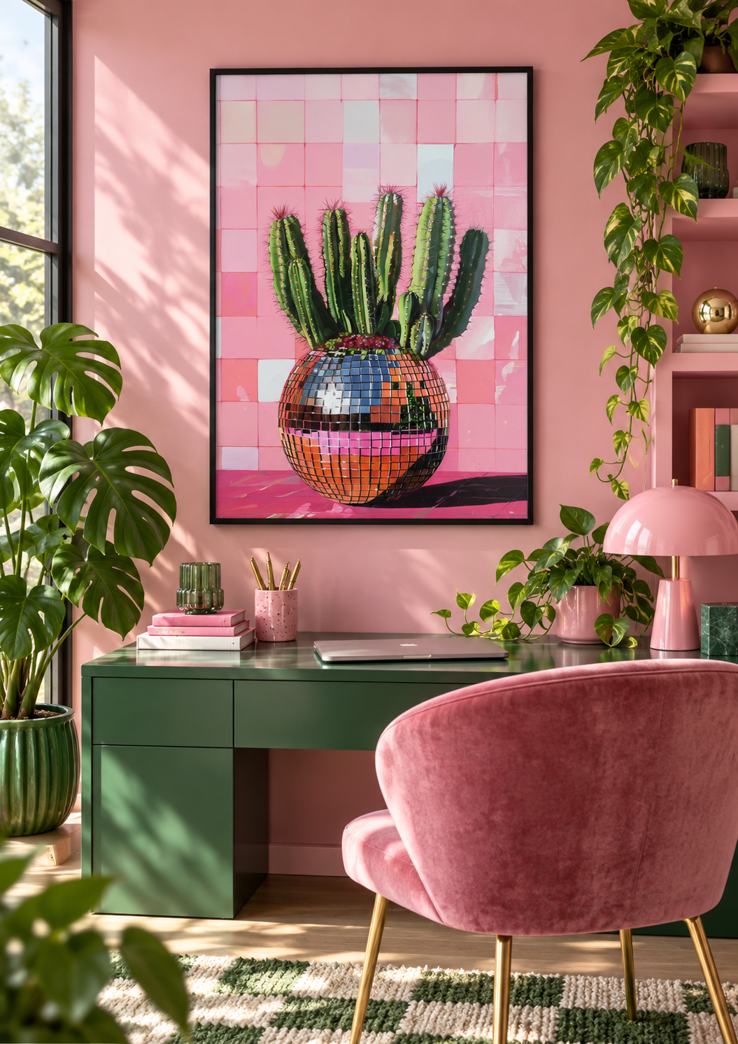 Cactus Disco Ball Vase wall art in a pink and green home office