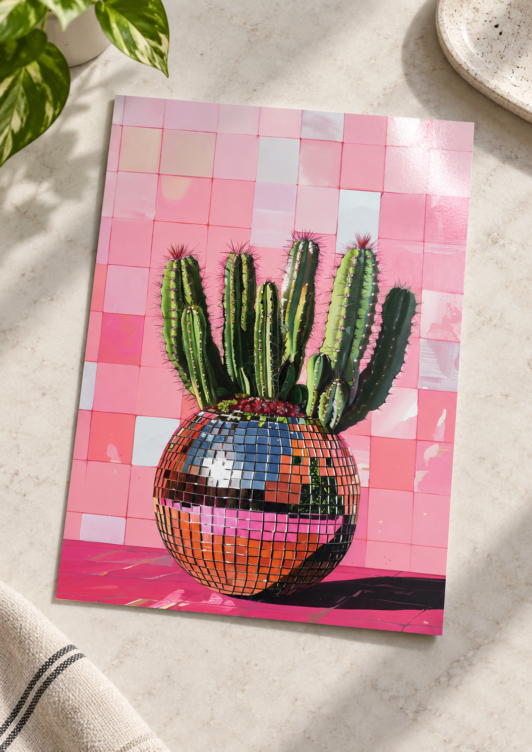 Unframed Cactus Disco Ball Vase art print on a surface