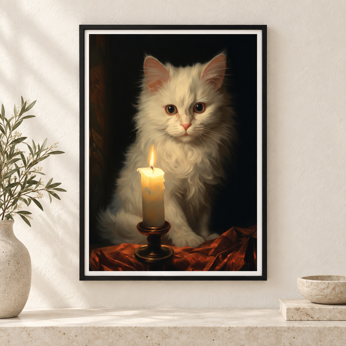 Candlelight Cat art print in a slim black frame