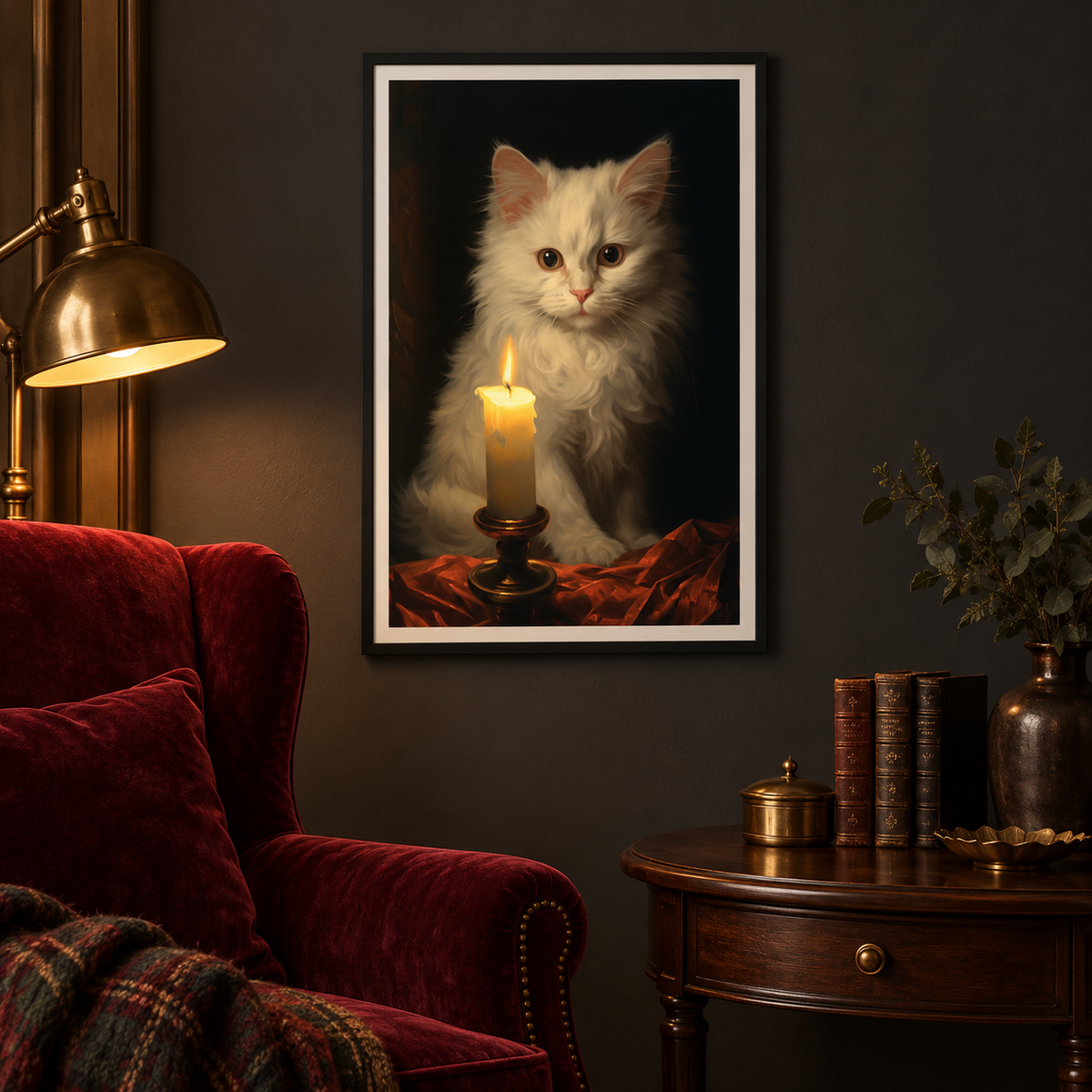 Candlelight Cat framed art print in a dark academia reading corner