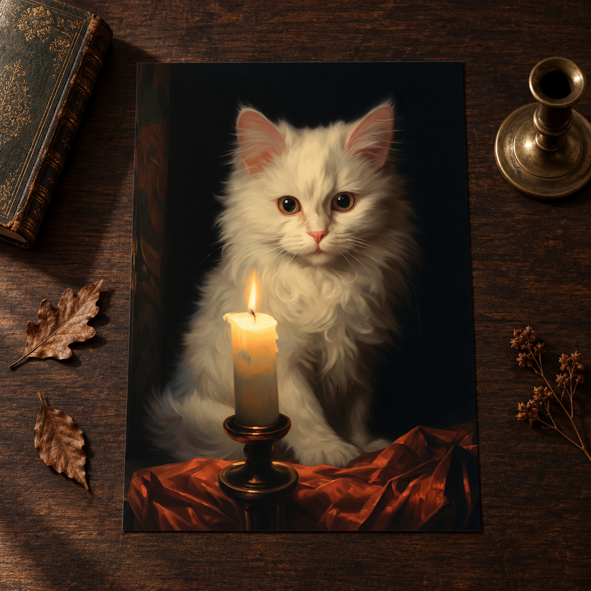 Candlelight Cat unframed art print on a dark walnut surface
