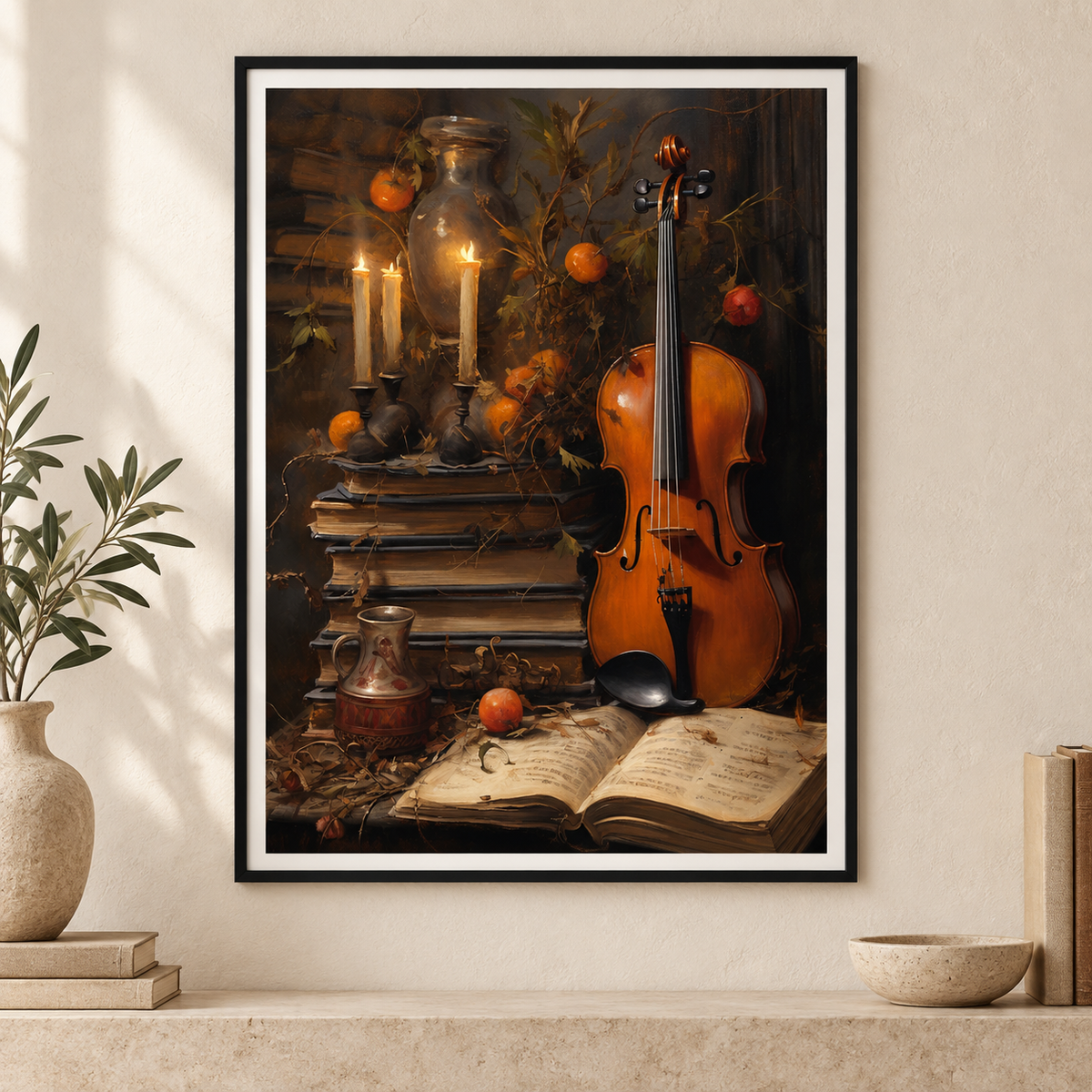 Candlelit Cello art print in a slim black frame