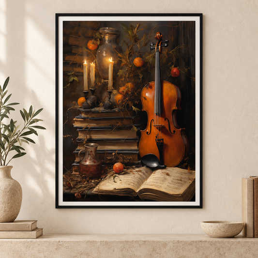 Candlelit Cello art print in a slim black frame