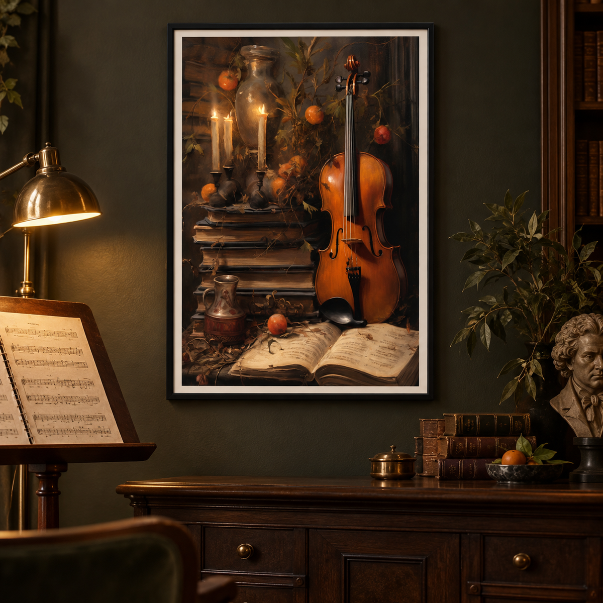 Candlelit Cello art print in an elegant home music room