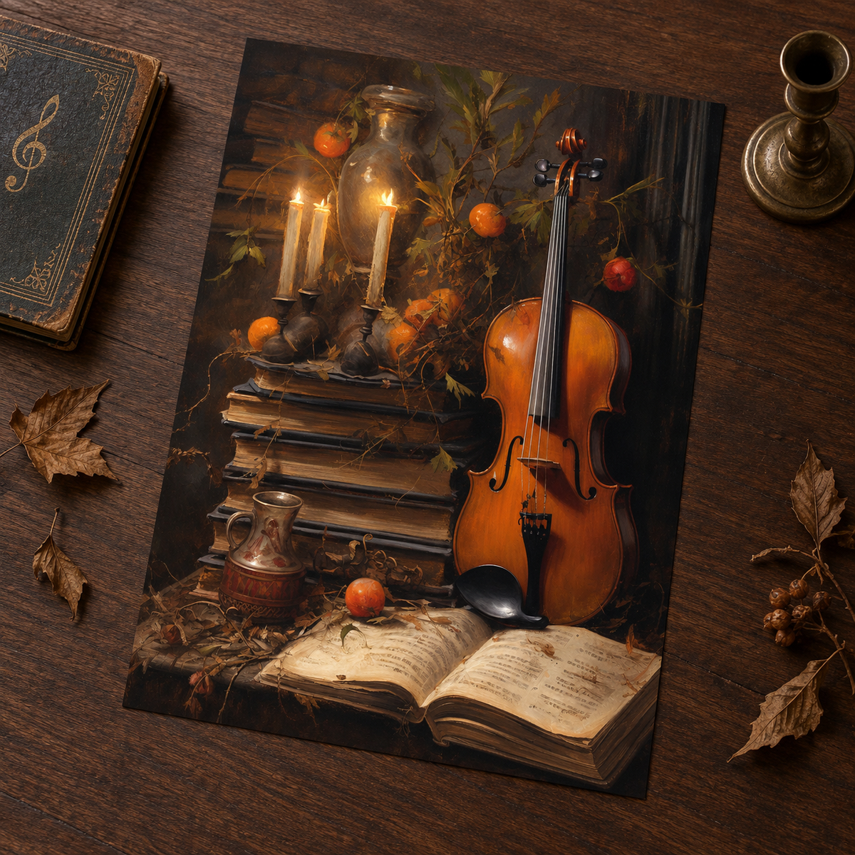 Borderless Candlelit Cello art print laid on a dark wood surface