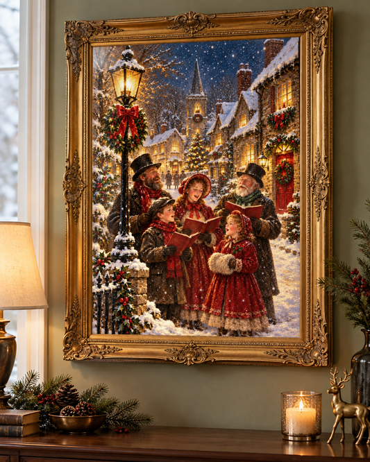 Carols in the Snow vintage-style Christmas art print in an ornate gold frame