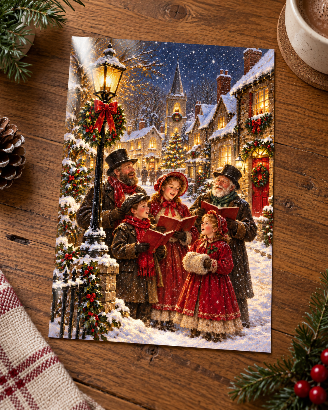 Carols in the Snow unframed glossy art print laid on a wooden table