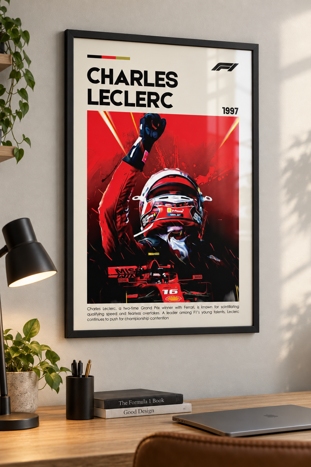 Charles Leclerc Motorsport Print displayed inside a black frame. Print supplied unframed.
