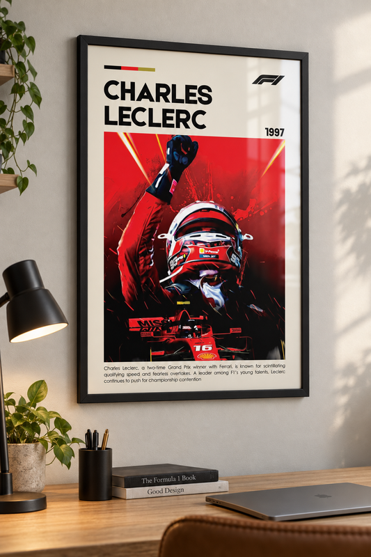 Charles Leclerc Motorsport Print displayed inside a black frame. Print supplied unframed.