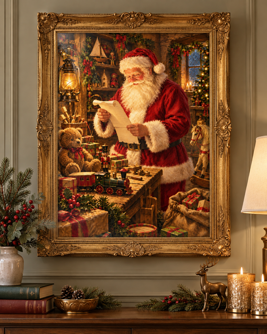 Checking It Twice Christmas art print in an ornate gold frame, showing Santa reading his list