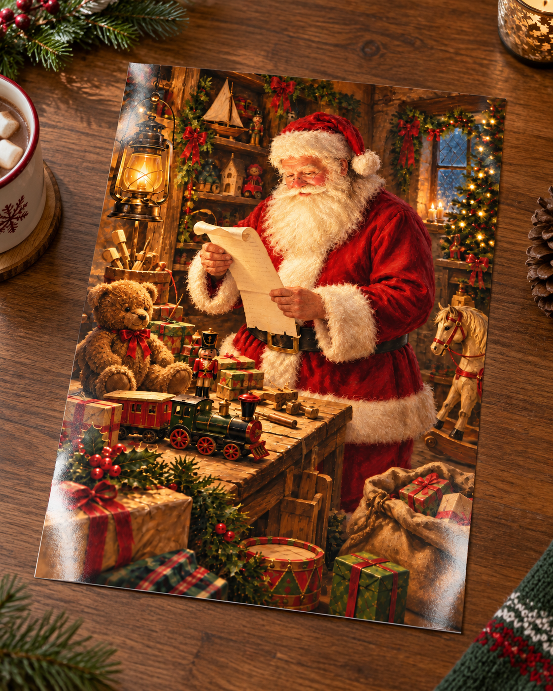 Checking It Twice unframed glossy Christmas art print laid on a wooden table