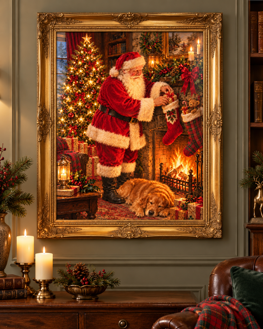 Christmas Eve by the Fire art print in an ornate gold frame, showing Santa and a sleeping dog