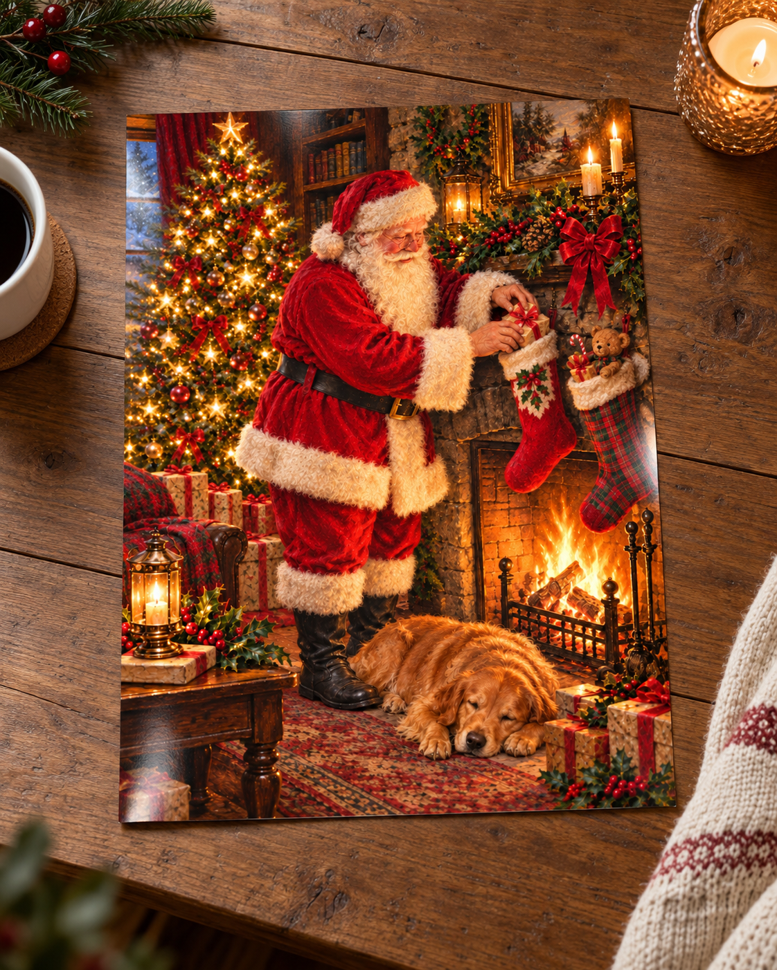 Christmas Eve by the Fire unframed glossy art print laid on a wooden table