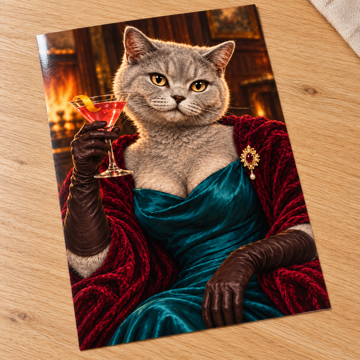 Cosmopawlitan unframed glossy print on an oak table
