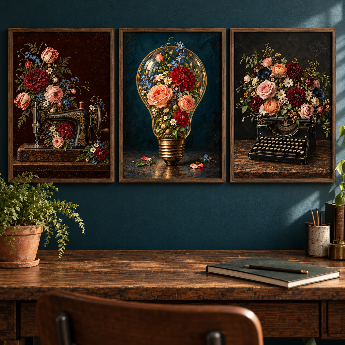 Creative Blooms set of three: Floral sewing machine, Bright Ideas in Bloom light bulb, Floral typewriter. Frames for styling only.