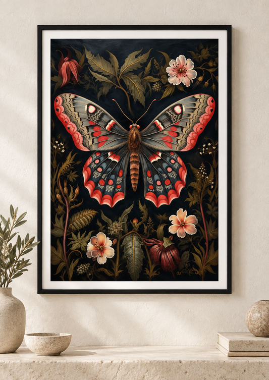 Crimson Moth Botanical art print in a slim black frame
