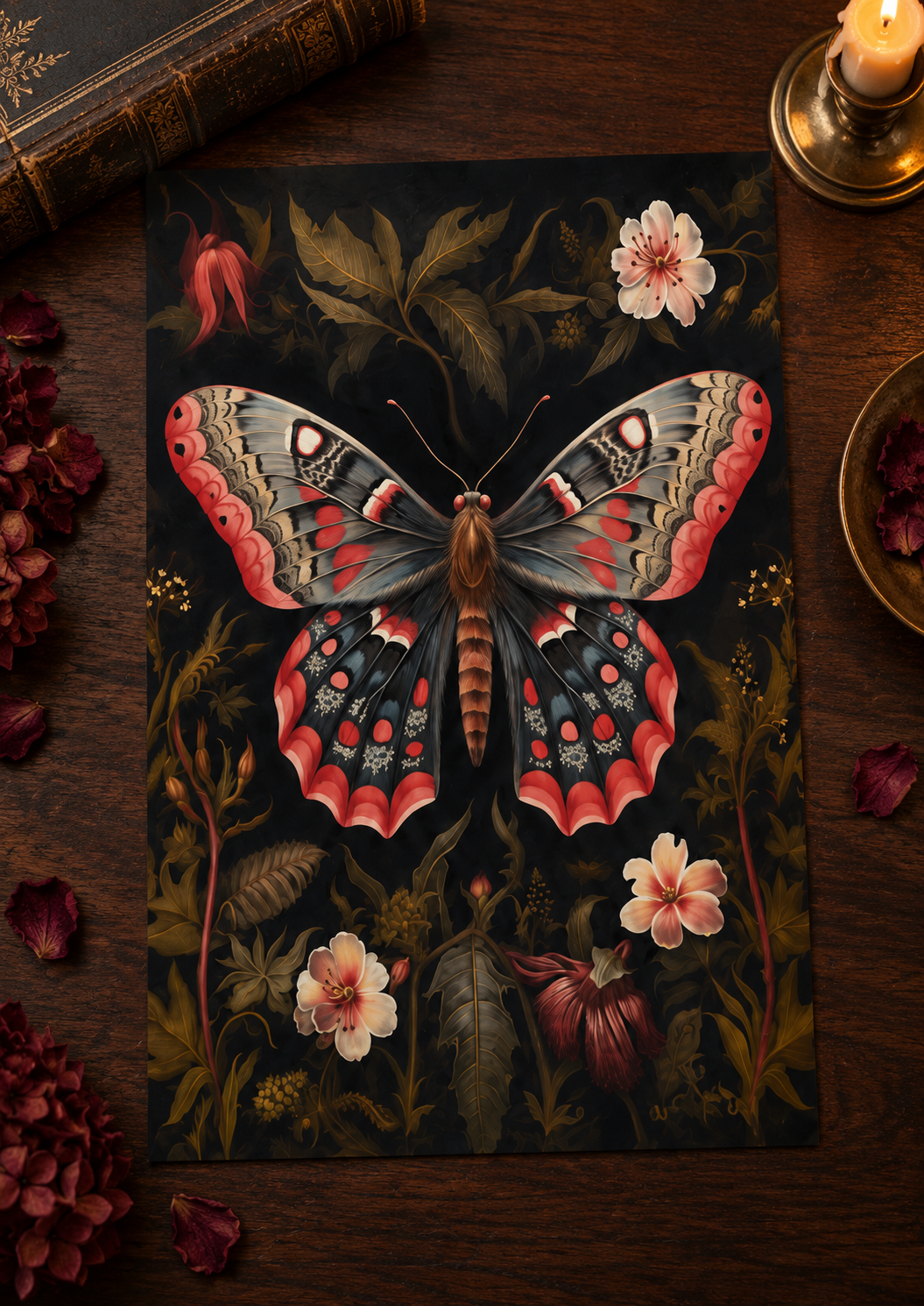 Borderless Crimson Moth Botanical art print laid on a dark wood surface