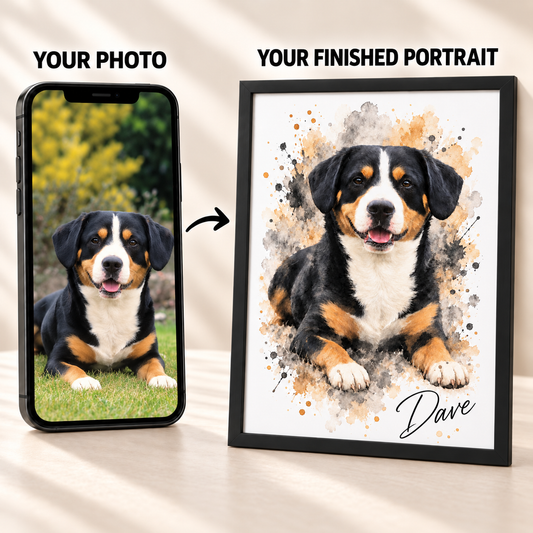 Original pet photo transformed into a finished personalised watercolour portrait