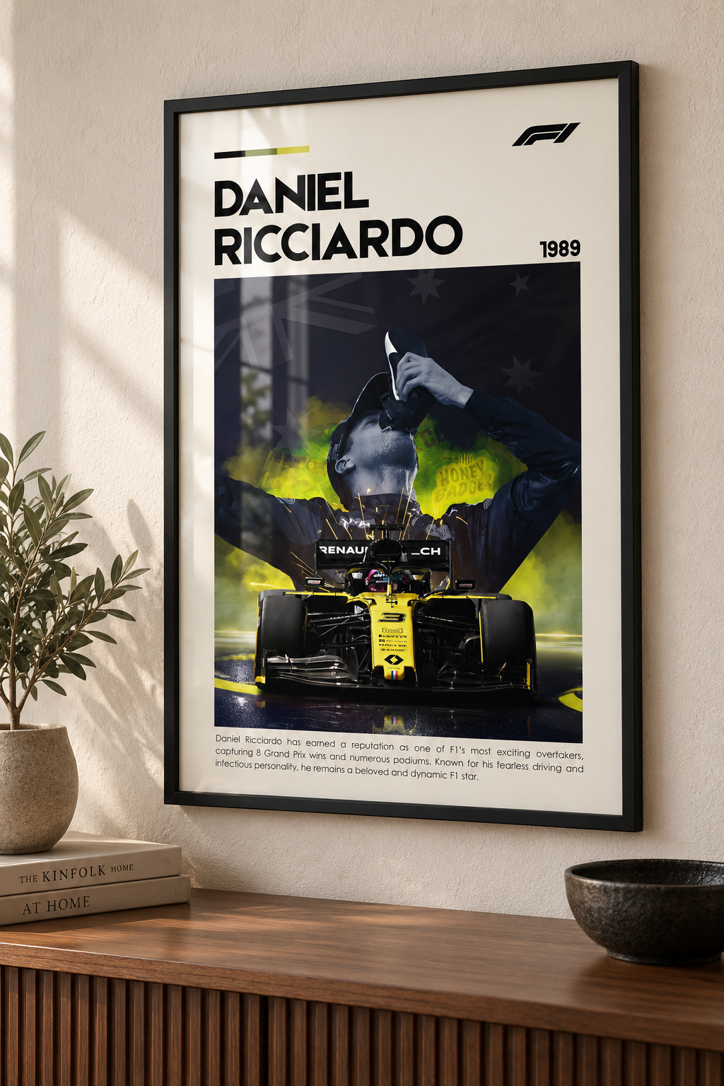 Daniel Ricciardo print displayed inside a black frame. Print supplied unframed.
