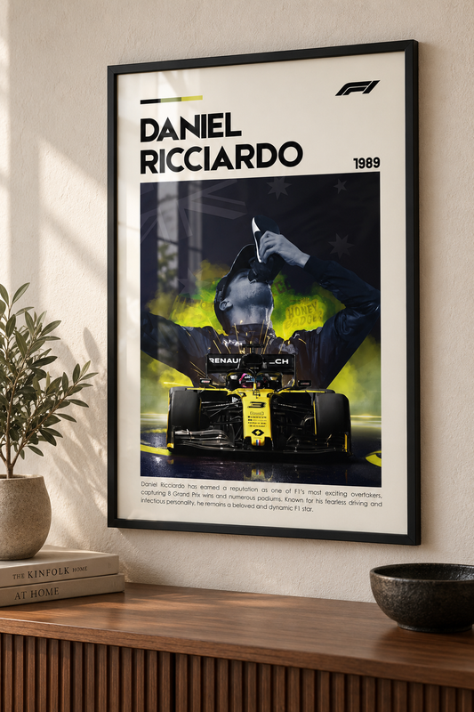 Daniel Ricciardo print displayed inside a black frame. Print supplied unframed.