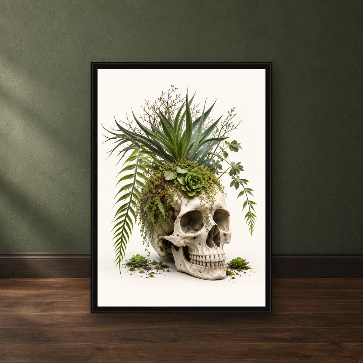 Desert Fern Skull Print – close-up black frame leaning against a green wall