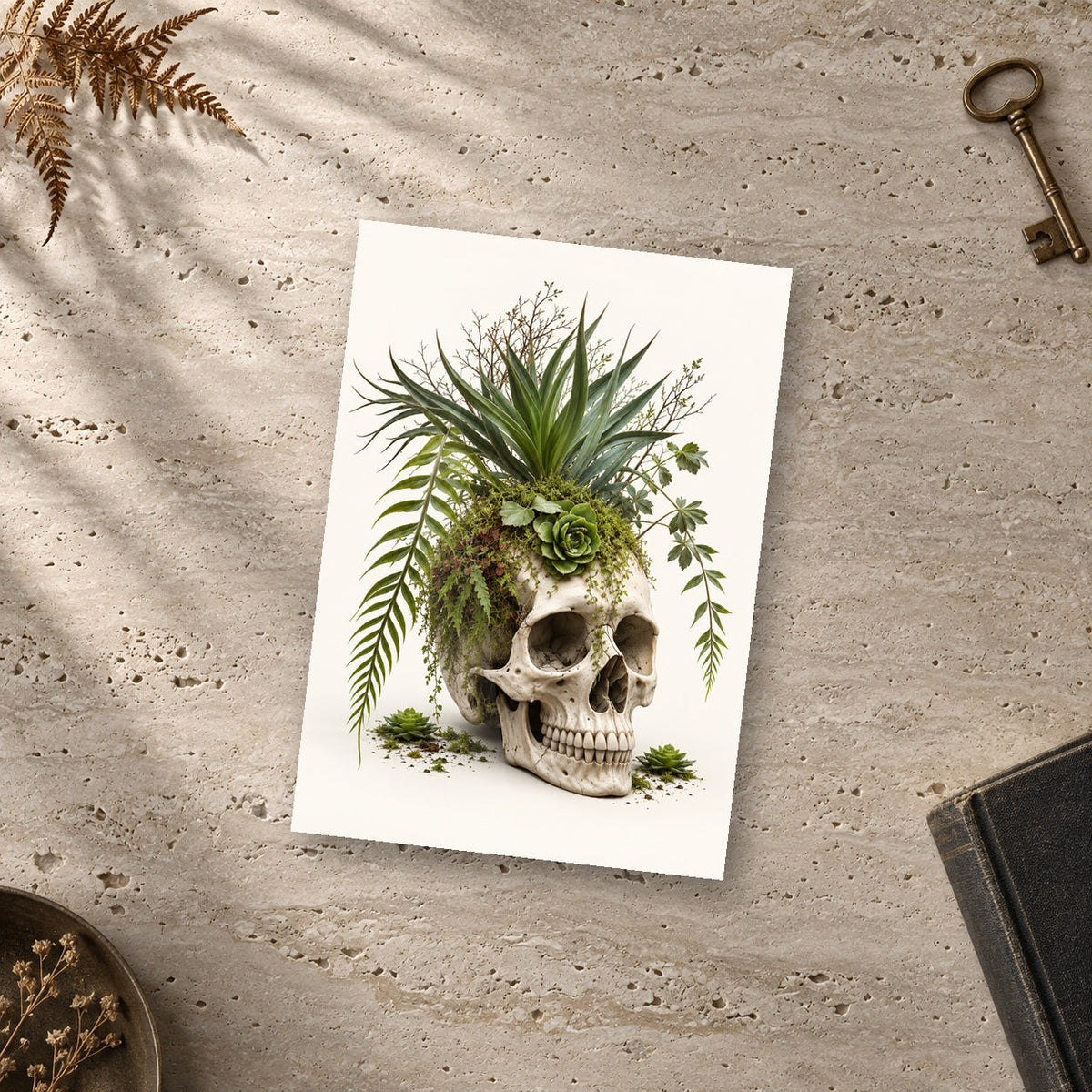 Desert Fern Skull Print – unframed glossy print on a surface
