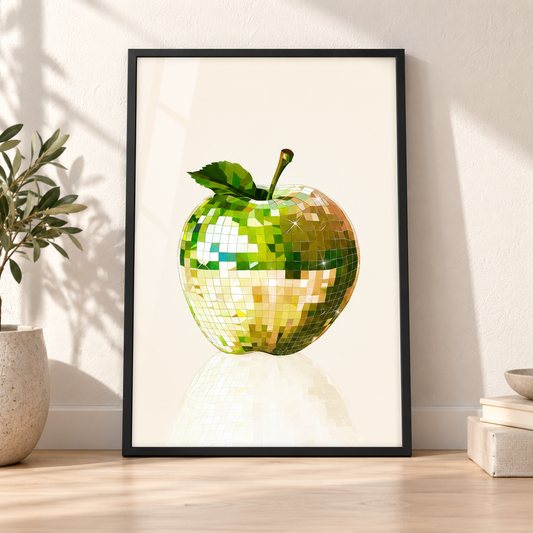 Disco Ball Apple print in glossy black leaning frame