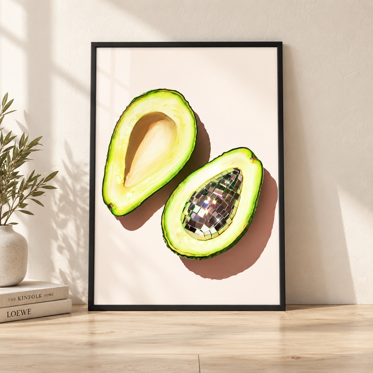 Disco Ball Avocado print in glossy black leaning frame
