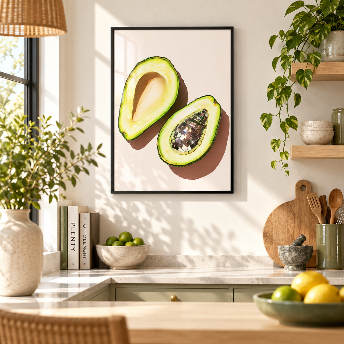 Disco Ball Avocado print in a bright kitchen
