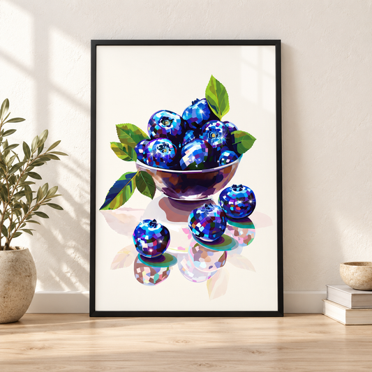 Disco Ball Blueberries print in glossy black leaning frame