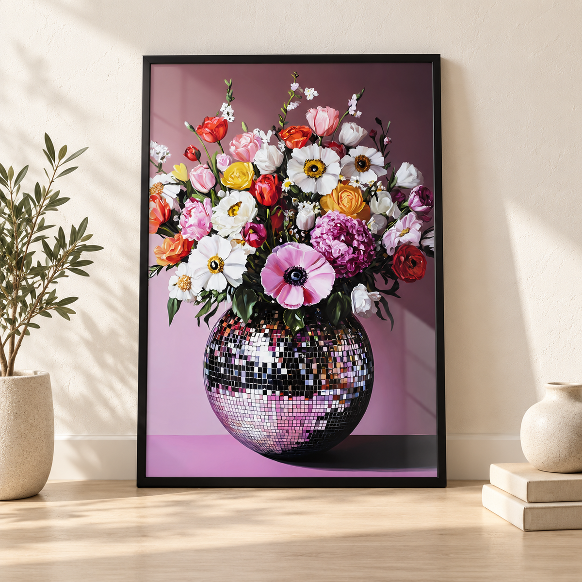 Disco Ball Flower Vase print in glossy black leaning frame