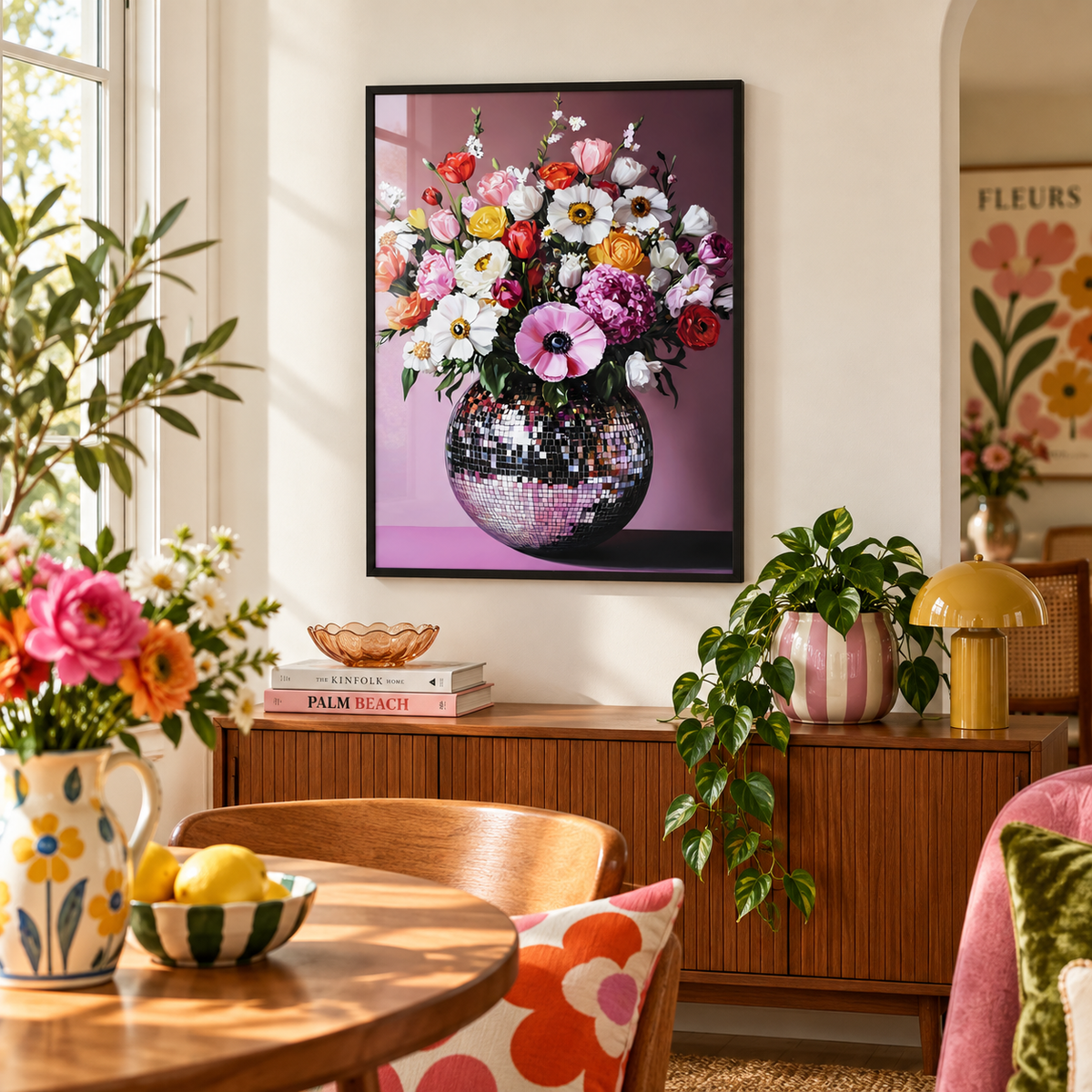 Disco Ball Flower Vase print in a colourful living room