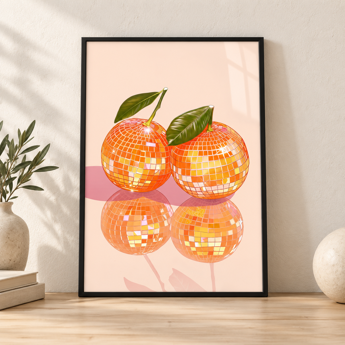 Disco Ball Oranges print in glossy black leaning frame