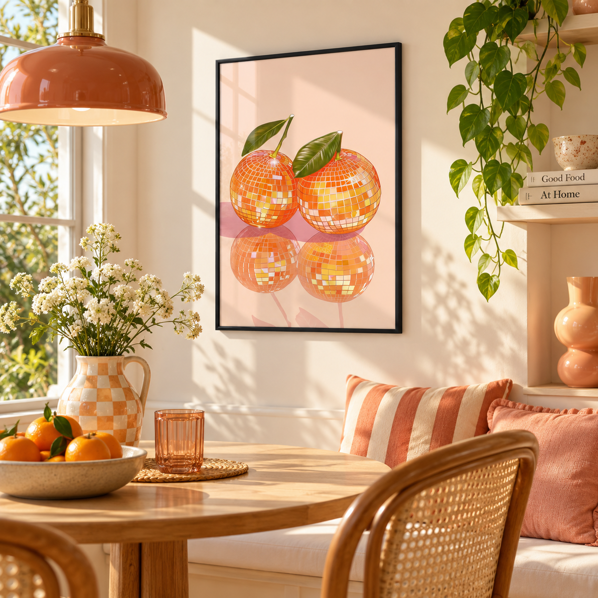 Disco Ball Oranges print in a sunny dining nook