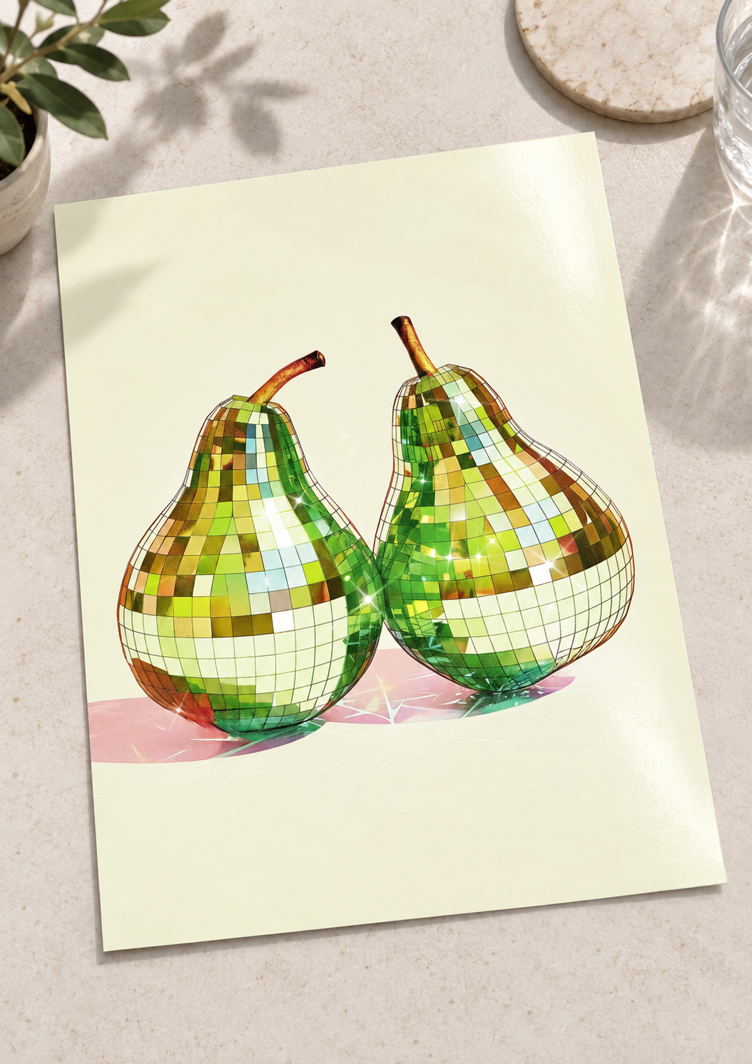 Unframed Disco Ball Pears art print laid on a surface