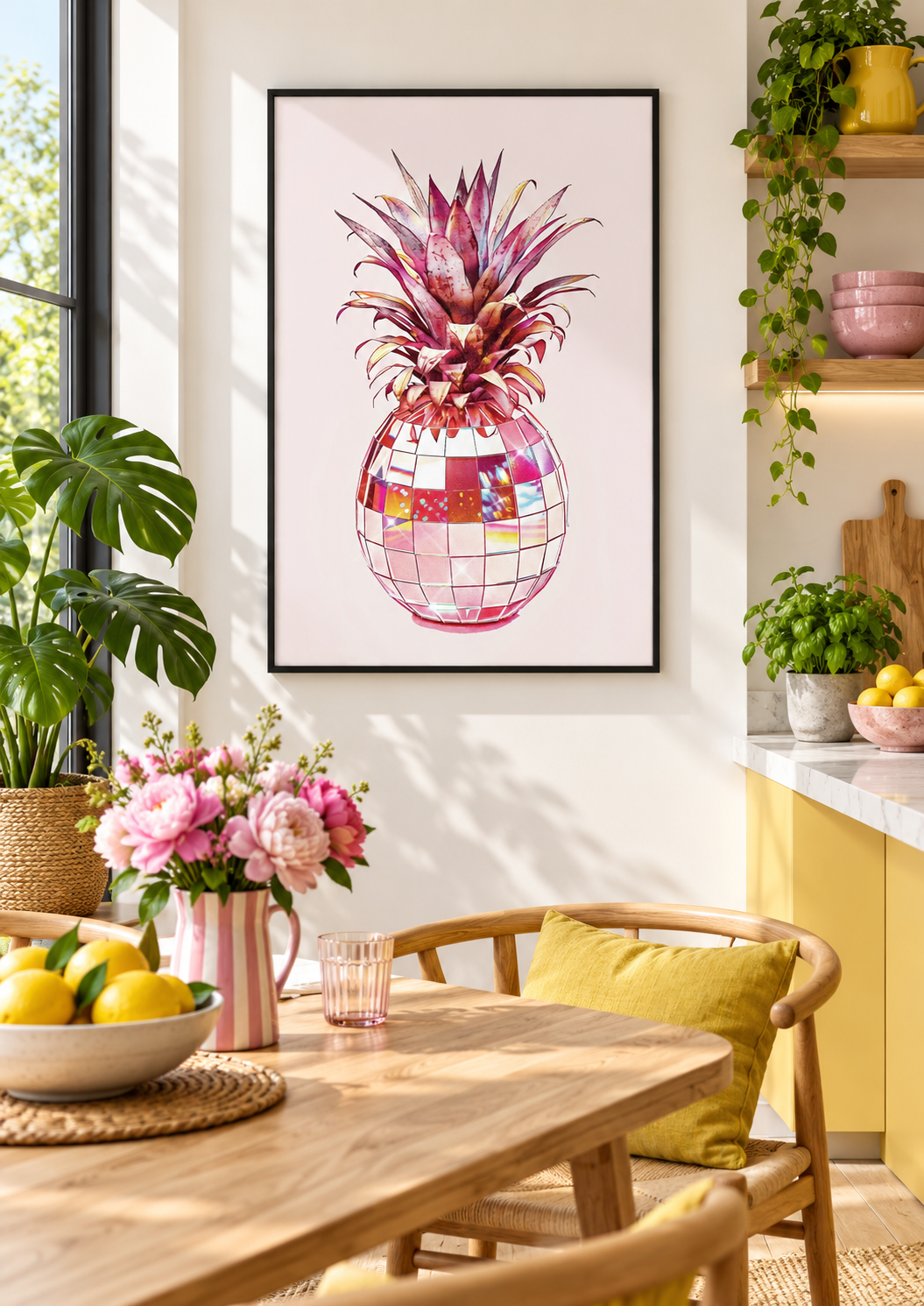 Disco Ball Pineapple wall art in a bright kitchen dining room