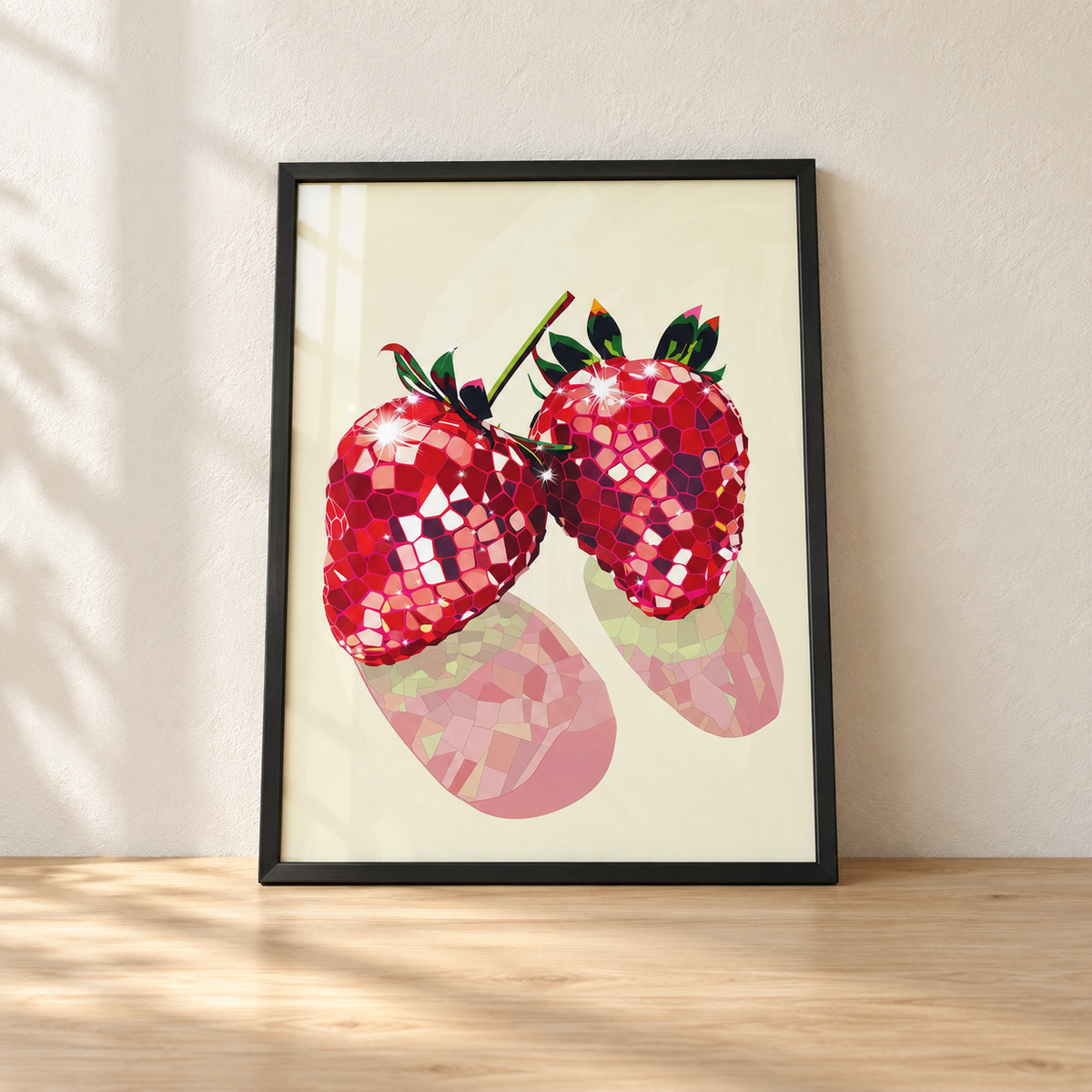 Disco Ball Strawberries print in a glossy black frame leaning against a wall