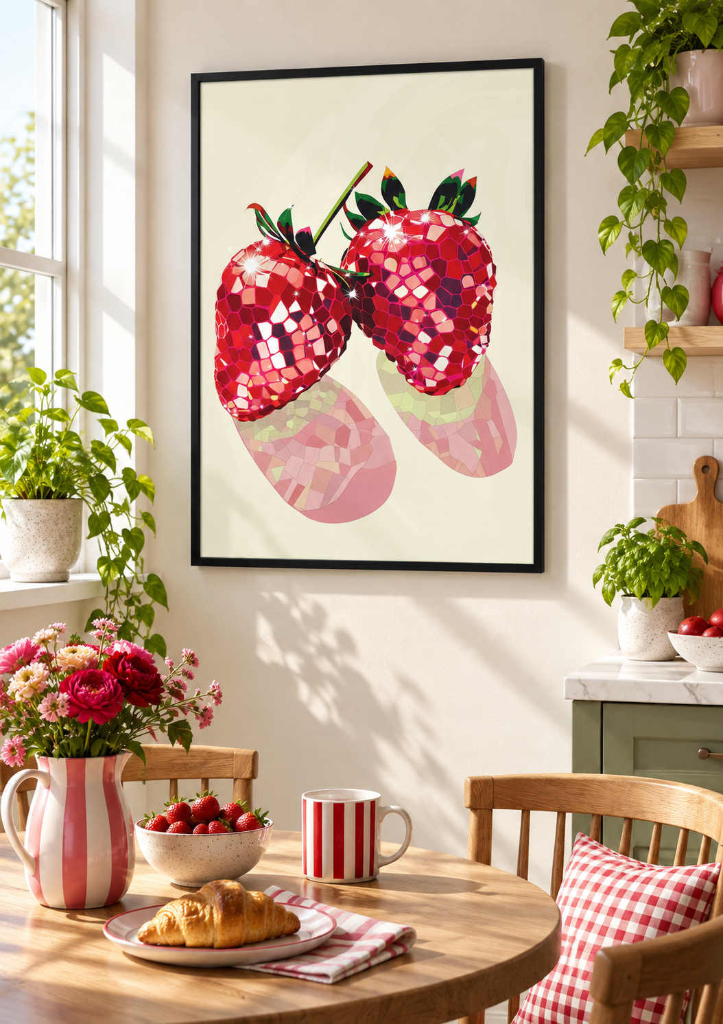 Disco Ball Strawberries wall art in a kitchen breakfast nook