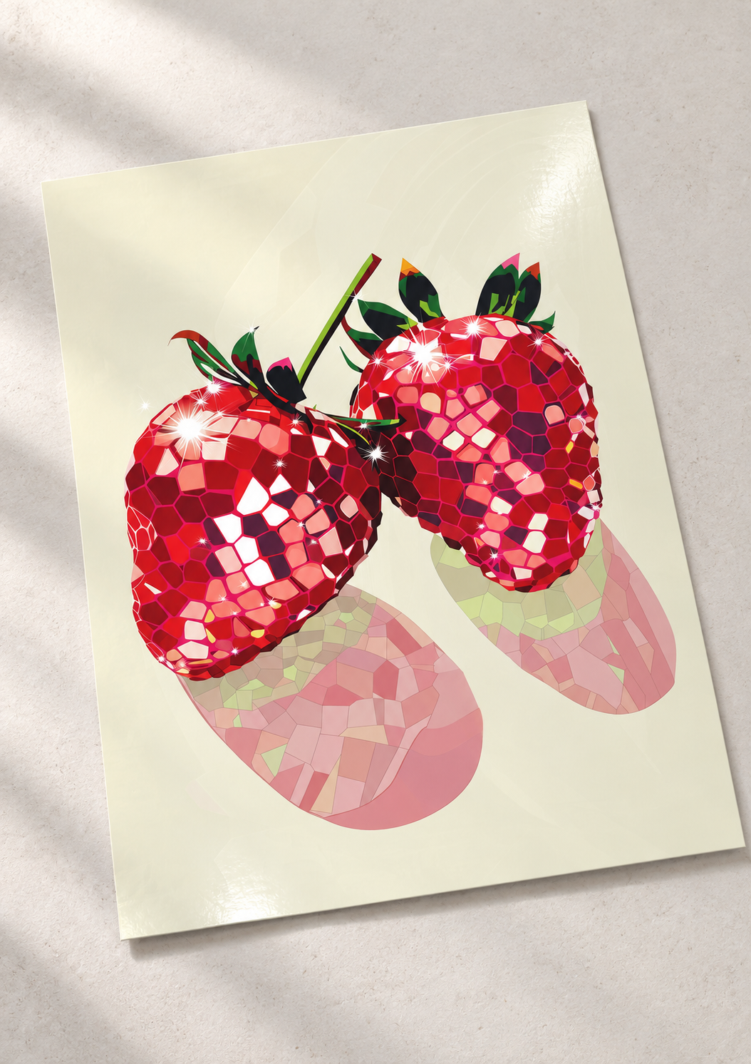 Unframed Disco Ball Strawberries art print on a surface