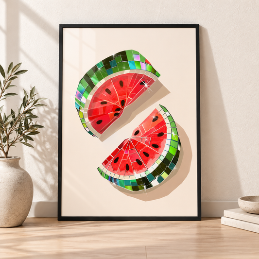 Disco Ball Watermelon print in glossy black leaning frame