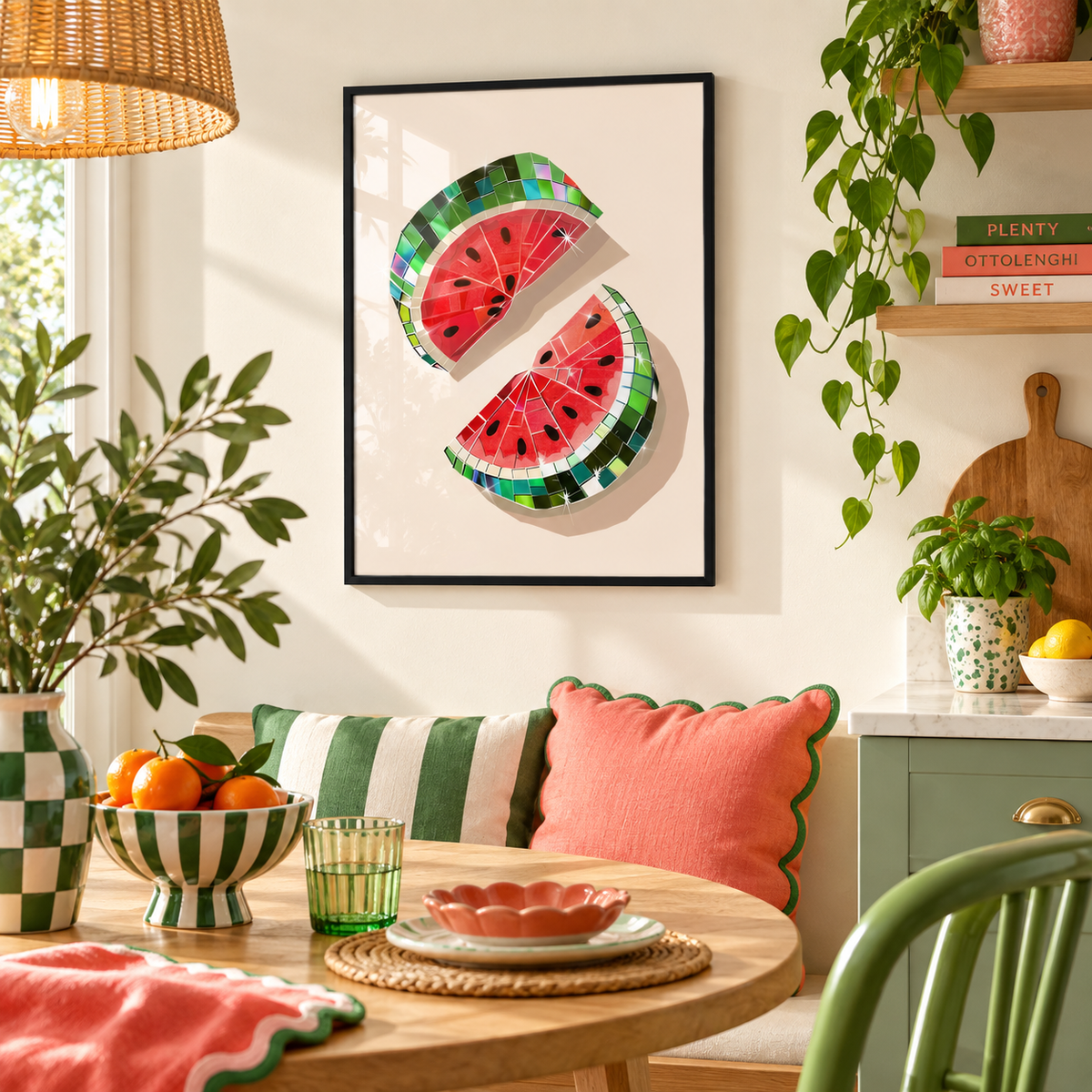 Disco Ball Watermelon print in a colourful dining nook