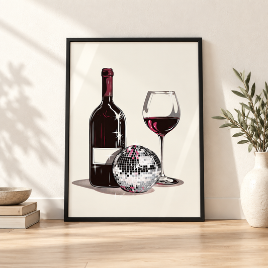 Disco Ball Wine print in glossy black leaning frame