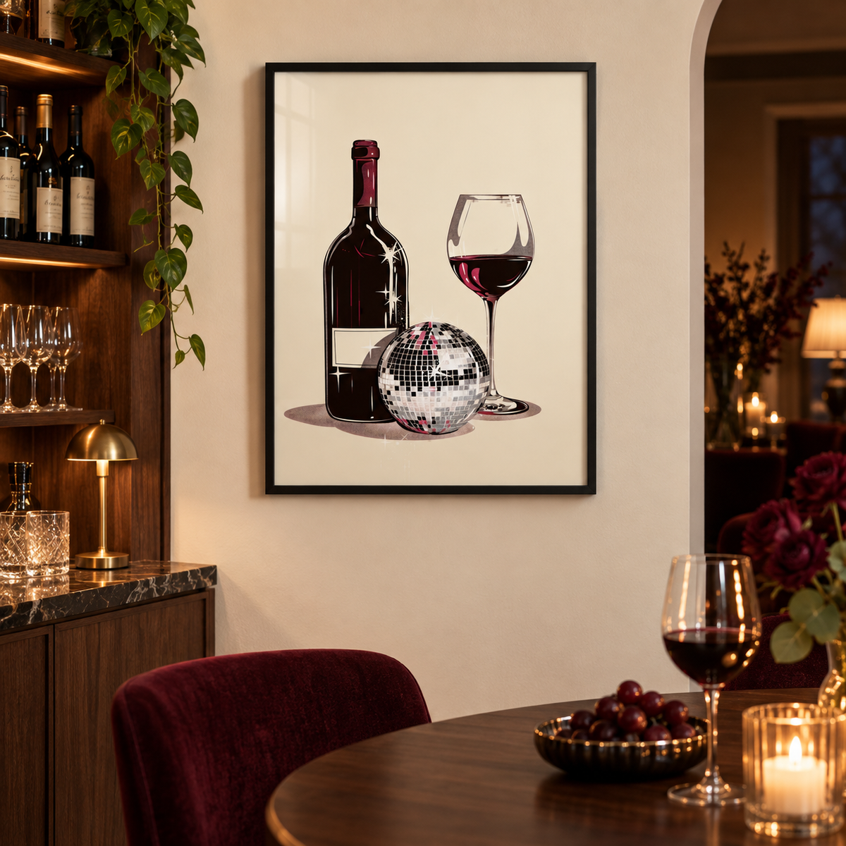 Disco Ball Wine print in a sophisticated home bar