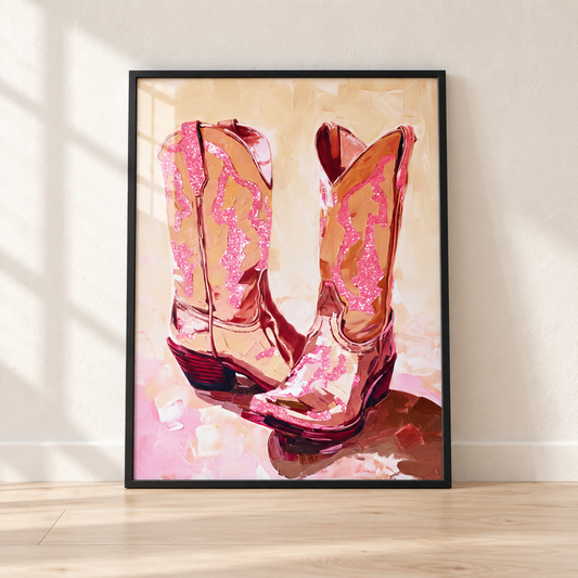 Disco Cowgirl Boots print in a glossy black frame leaning against a wall