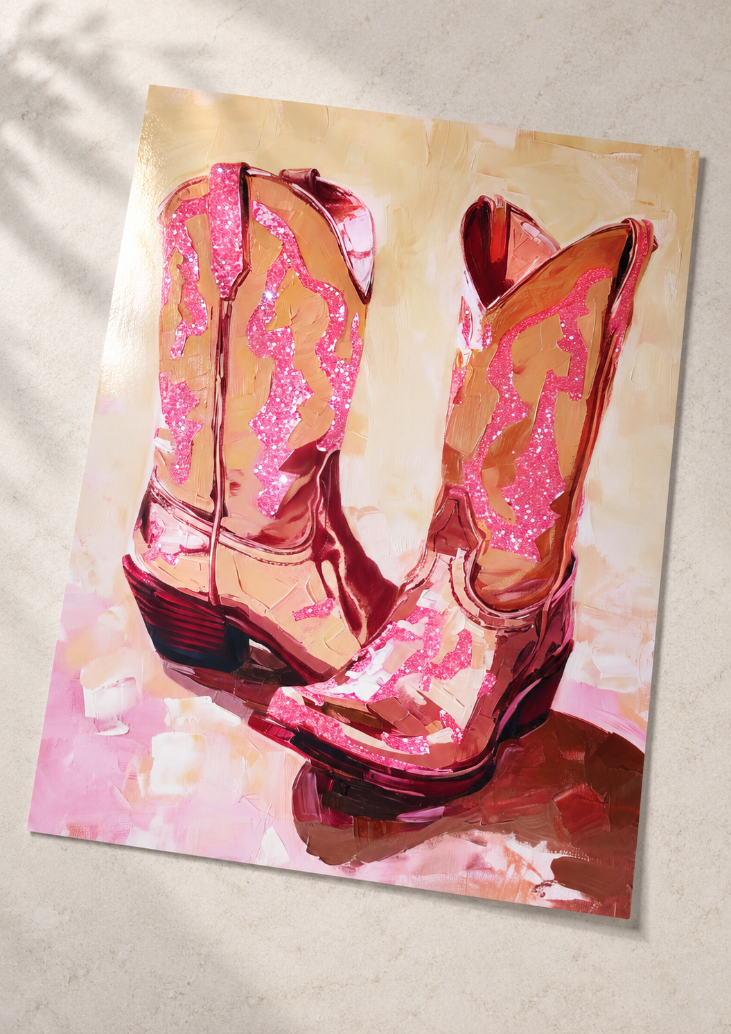 Unframed Disco Cowgirl Boots art print on a surface