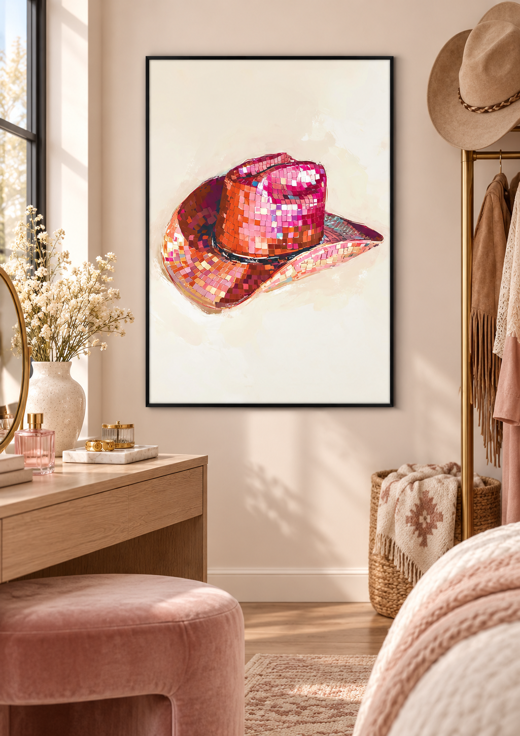 Disco Cowgirl Hat wall art in a stylish dressing room