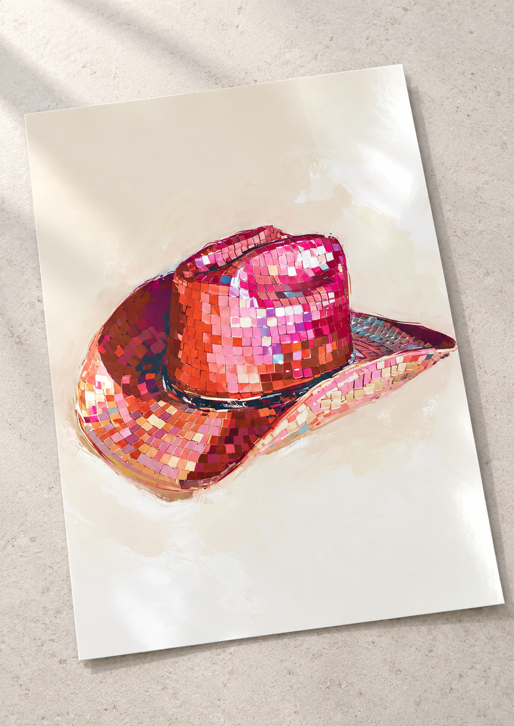 Unframed Disco Cowgirl Hat art print on a surface