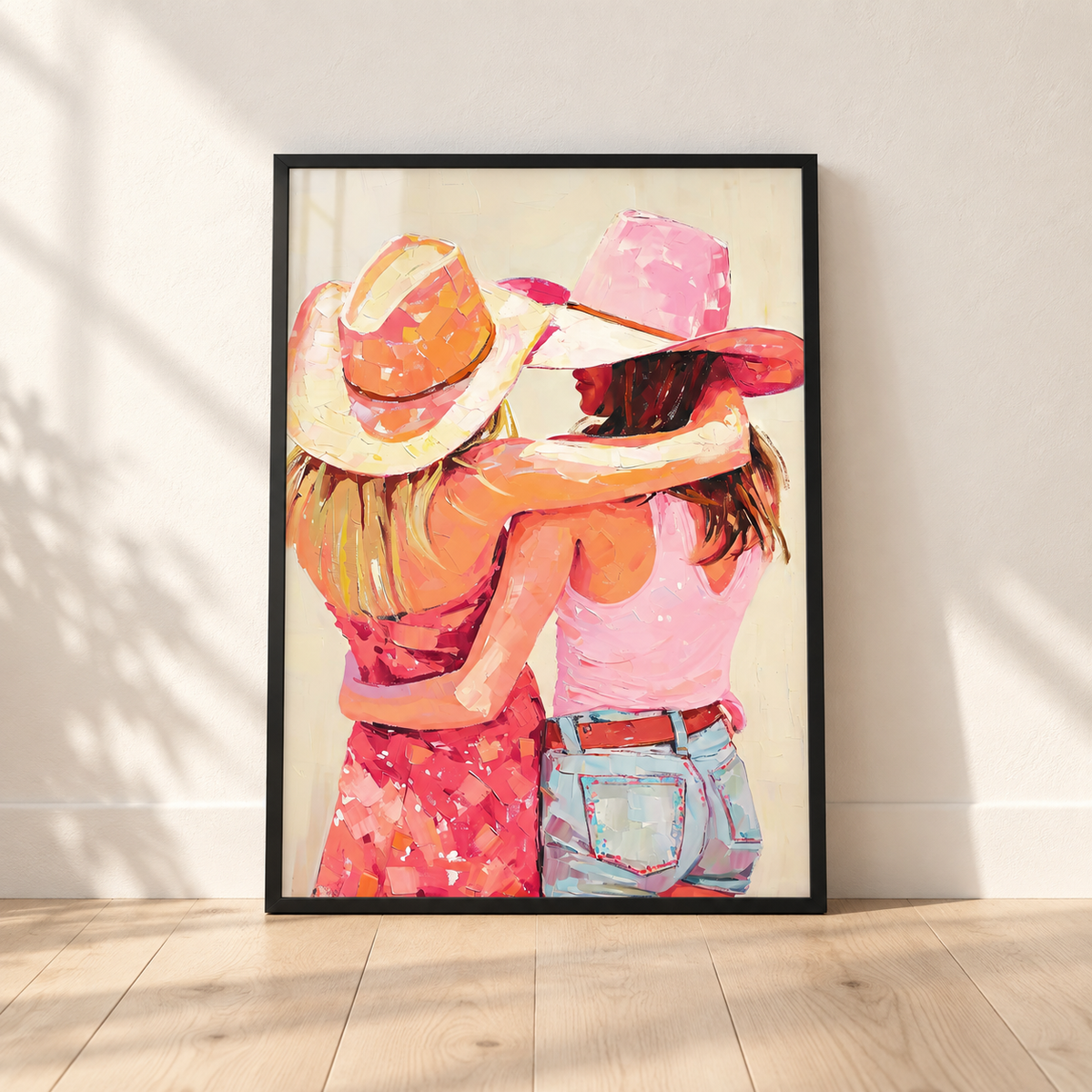 Disco Cowgirls print in glossy black leaning frame