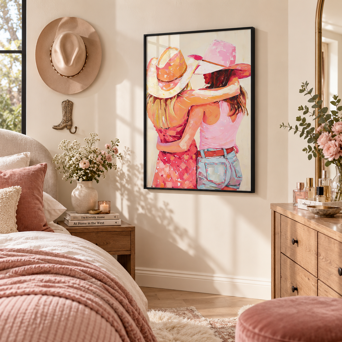 Disco Cowgirls print in a warm feminine bedroom